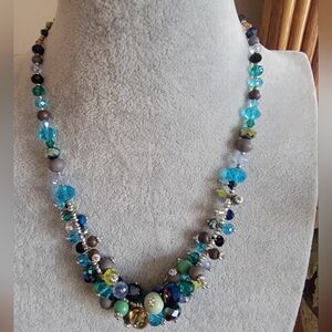 Cookie Lee Cluster of Crystal and Wood Bead Necklace Silver Tone